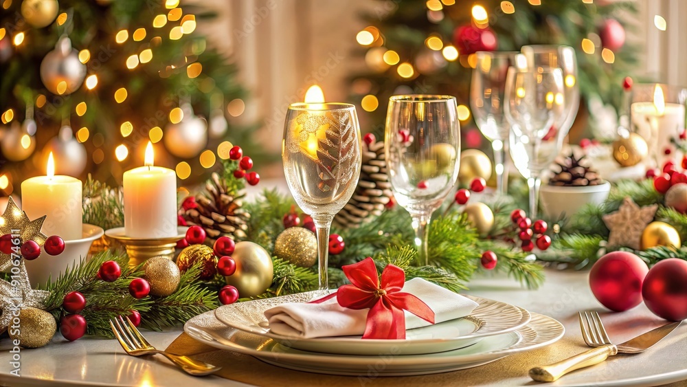 Elegant and festive Christmas table setting with xmas decoration and ornaments, Christmas, table setting, festive Elegant and festive Christmas table setting with xmas decoration and ornaments, Christmas, table setting, festive
