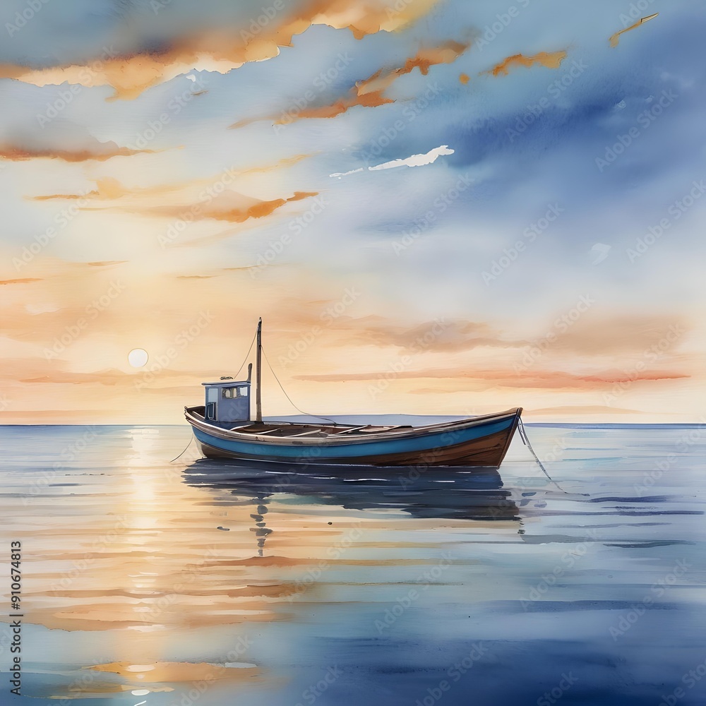 golden hour casts a magical glow on a small wooden boat gently rocking in calm ocean waters near the coast golden hour casts a magical glow on a small wooden boat gently rocking in calm ocean waters near the coast