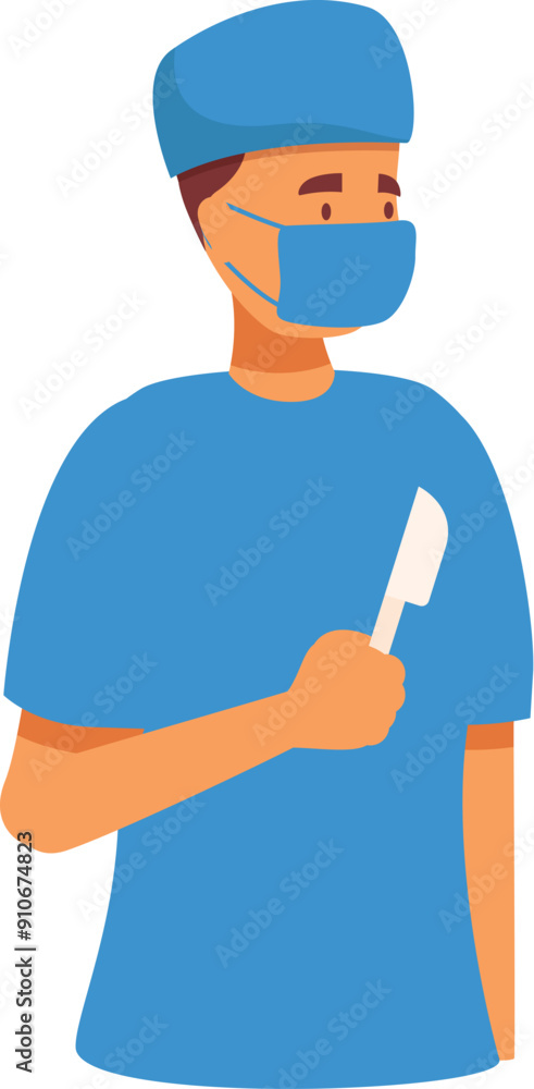 Surgeon is holding a scalpel wearing blue scrubs and a medical mask Surgeon is holding a scalpel wearing blue scrubs and a medical mask