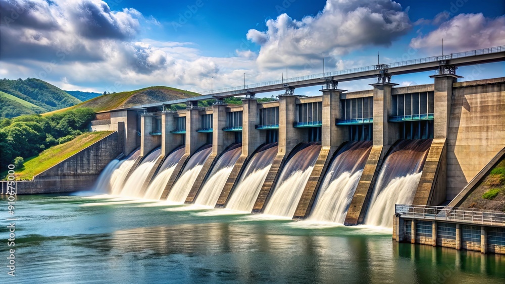 Front view of a hydroelectric dam displaying renewable energy with an analogous color scheme Front view of a hydroelectric dam displaying renewable energy with an analogous color scheme