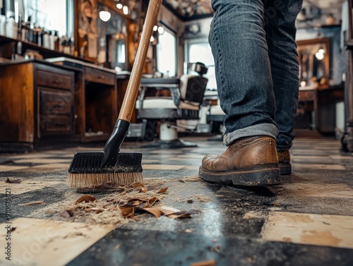 Barber sweeping up hair clippings from the floor, highlighting the attention to cleanliness and hygiene in a professional barbershop