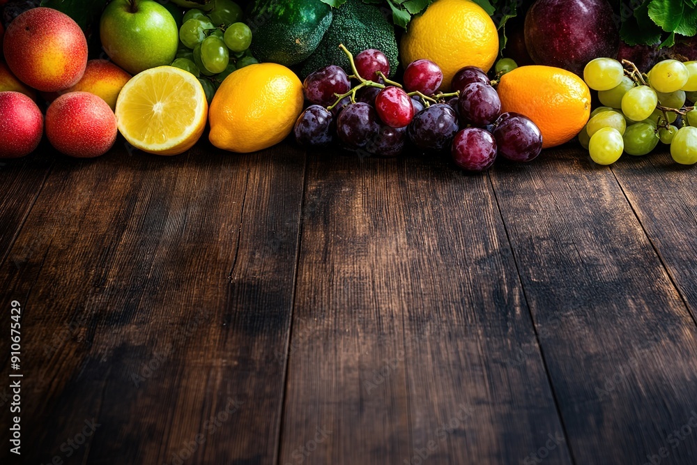 Array of fresh fruits and vegetables arranged on a wooden table Array of fresh fruits and vegetables arranged on a wooden table
