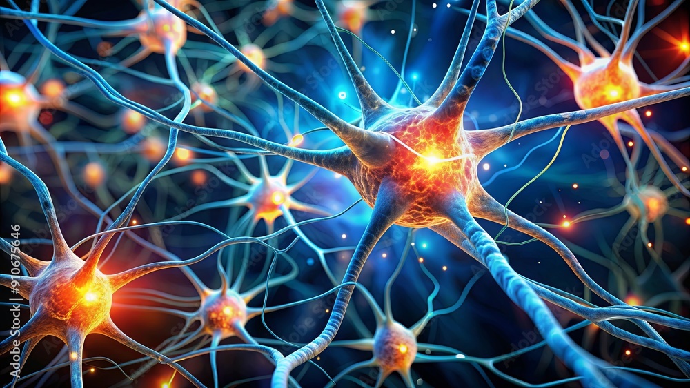 Close-up of synapses firing in a human brain, neurons, connections, communication Close-up of synapses firing in a human brain, neurons, connections, communication