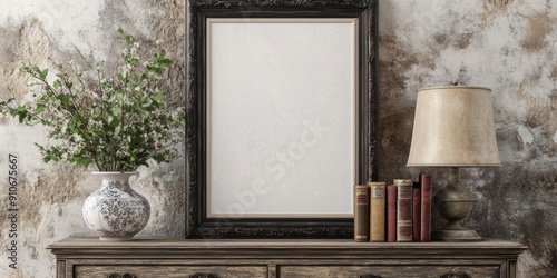 Wallpaper Mural Cozy interior setting featuring an elegant mock-up poster frame on a vintage chest of drawers, blending classic charm with comfort. Torontodigital.ca