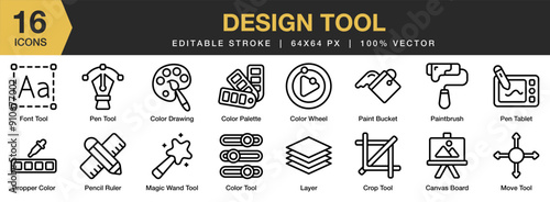 Design Tool icon set. Editable Stroke Icon Collection. Includes canvas board, color drawing, dropper, move tool, pen tool, layer and More. Outline icons vector collection.