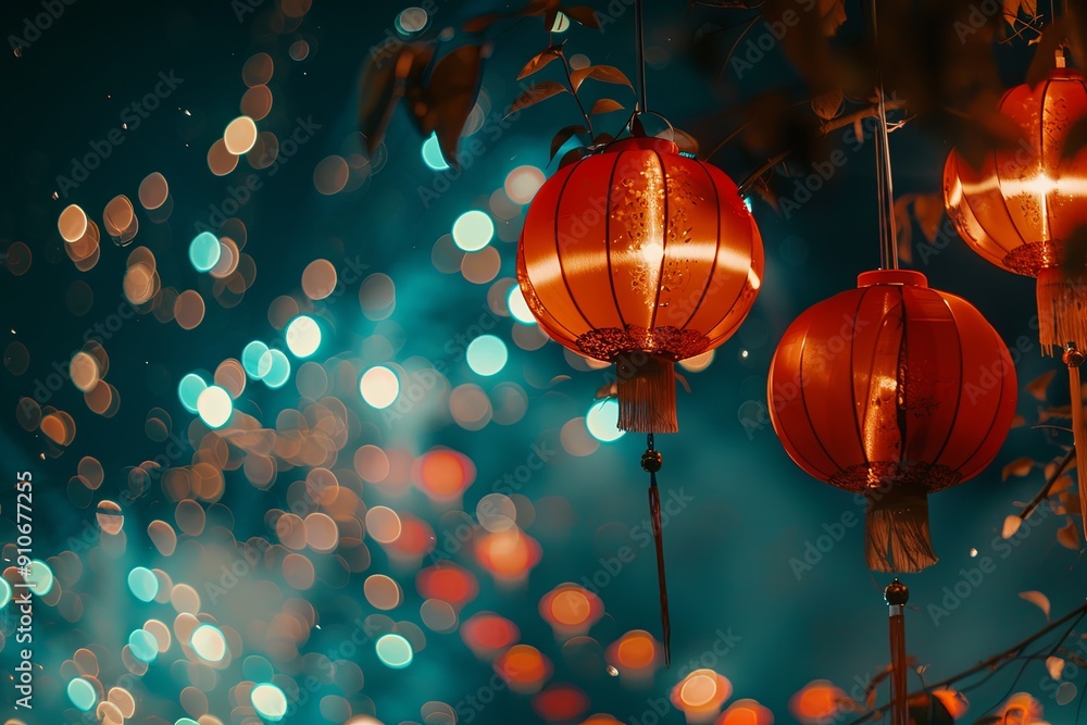 Red lanterns hanging against a blurred bokeh background of lights, creating a festive and celebratory ambiance. Red lanterns hanging against a blurred bokeh background of lights, creating a festive and celebratory ambiance.