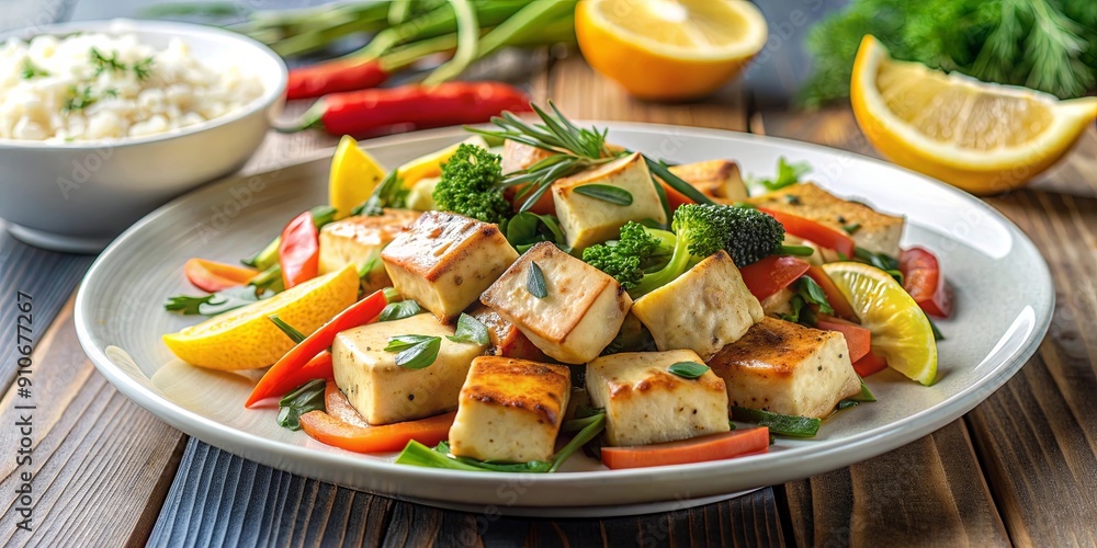 Beautifully plated tofu stir-fry with lemon-dill sauce, saut?ed vegetables, tofu, stir-fry, lemon-dill sauce, zucchini Beautifully plated tofu stir-fry with lemon-dill sauce, saut?ed vegetables, tofu, stir-fry, lemon-dill sauce, zucchini