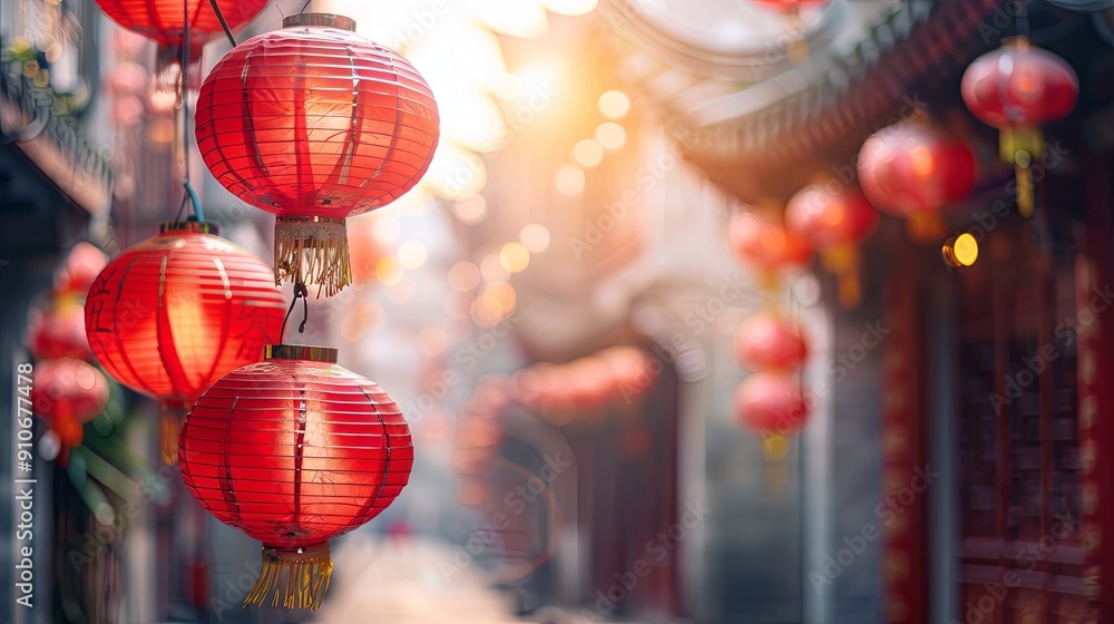Red lanterns hanging in a street, blurred background, bokeh lights. Red lanterns hanging in a street, blurred background, bokeh lights.