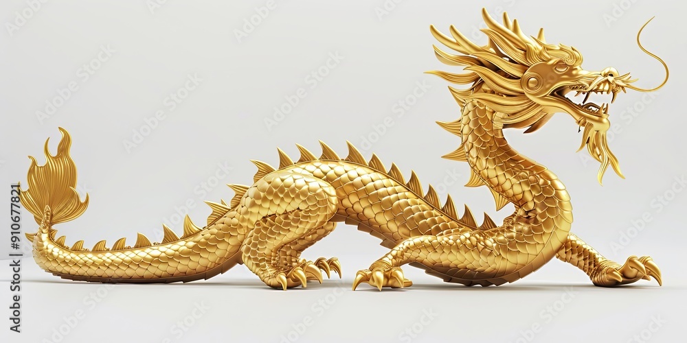 Fototapeta premium Golden dragon figurine on white background.