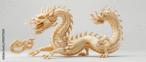 A golden dragon statue with detailed scales and flowing mane.