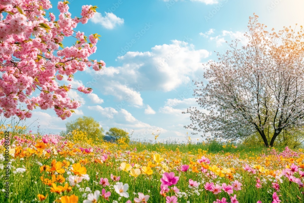 Fototapeta premium Stunning high-quality wallpaper showcasing a vibrant spring landscape with fields of blooming flowers and cherry blossoms in full bloom.