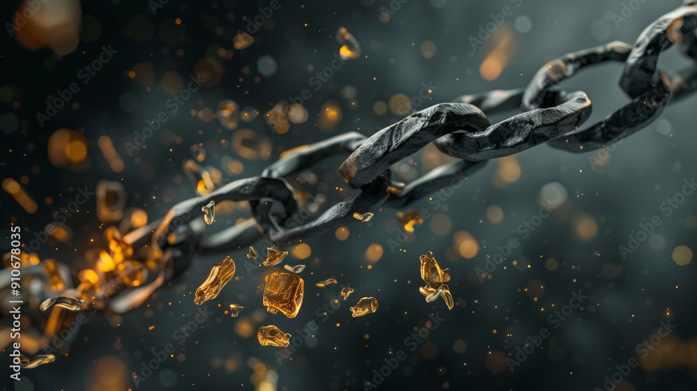 Close-Up of a Breaking Metal Chain with Glowing Sparks and Shattered Fragments in Dark Background Close-Up of a Breaking Metal Chain with Glowing Sparks and Shattered Fragments in Dark Background