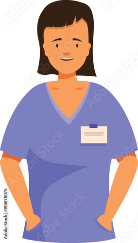 Female nurse smiling standing with hands in pockets wearing scrubs and badge