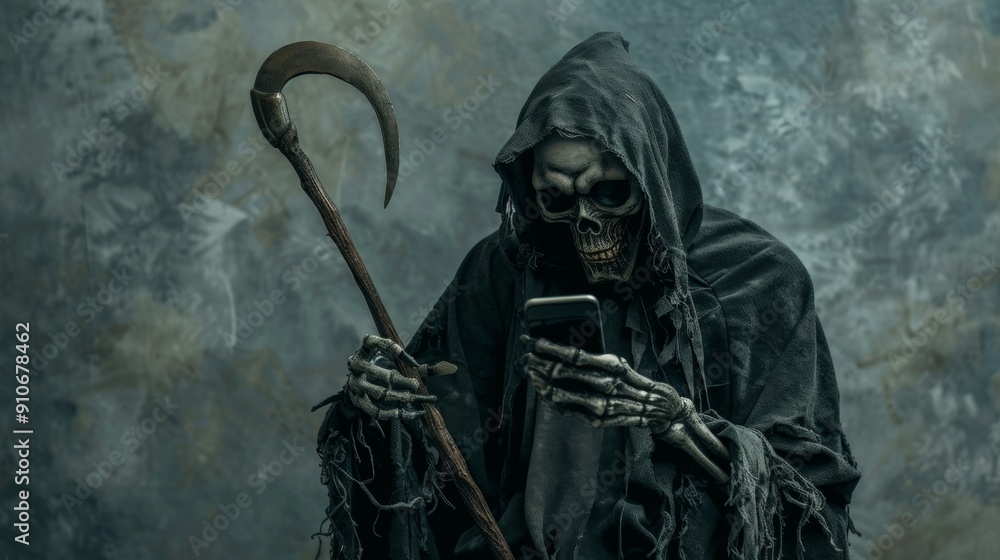 scary grim reaper holding a scythe and a mobile phone in his hands with a background of darkness scary grim reaper holding a scythe and a mobile phone in his hands with a background of darkness