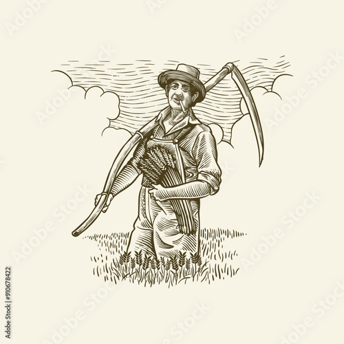 illustration of old farmer harvesting wheat in engraving style