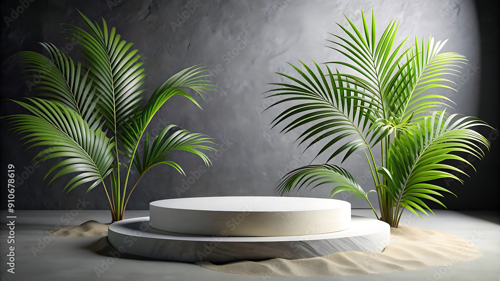Tropical Minimalist Product Display with Palm Leaves and Sand Tropical Minimalist Product Display with Palm Leaves and Sand
