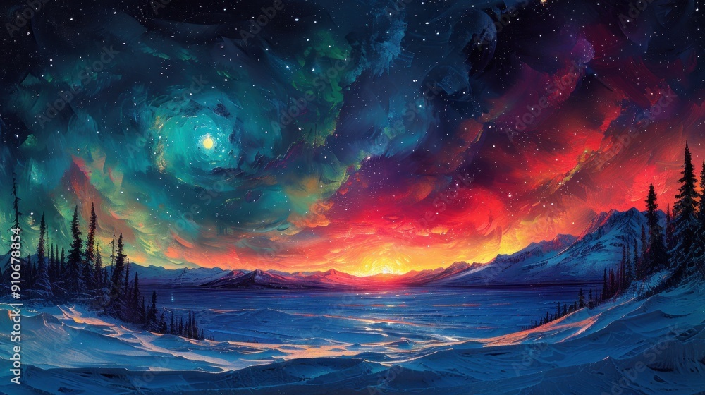 Obraz premium A Dreamy Night Sky Above a Snowy Landscape