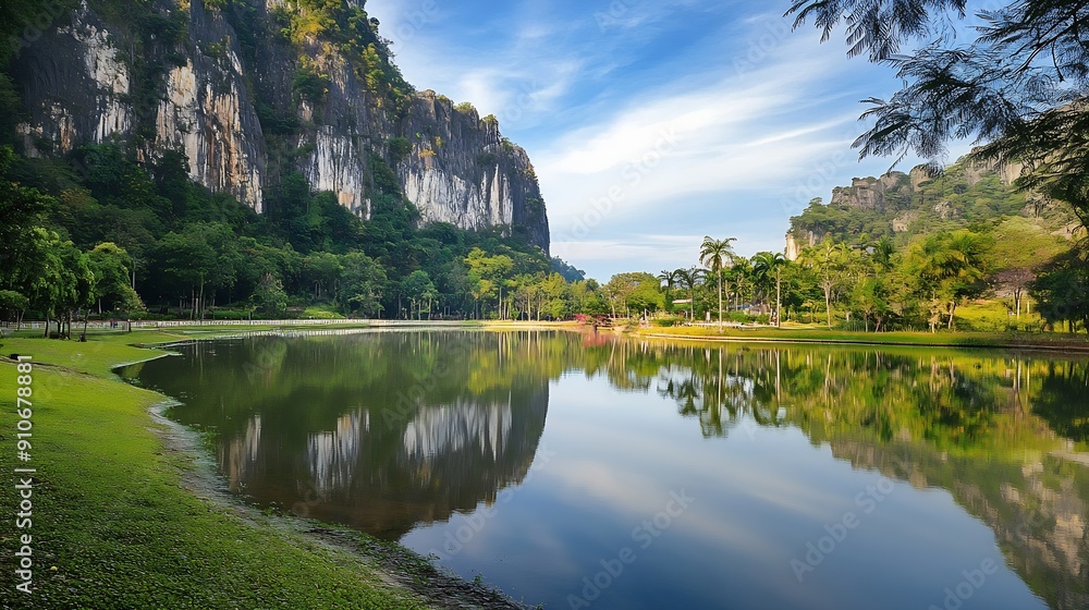 Mirror lake in Ipoh Perak Malaysia The lake surrounded by limestone mountains with almost vertical slope and covered by greeneries : Generative AI Mirror lake in Ipoh Perak Malaysia The lake surrounded by limestone mountains with almost vertical slope and covered by greeneries : Generative AI