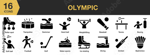 Olympic Glyph icon set. Includes cricket, football, golf, soft ball, water sport, tennis, icon and More. Solid icons vector collection.
