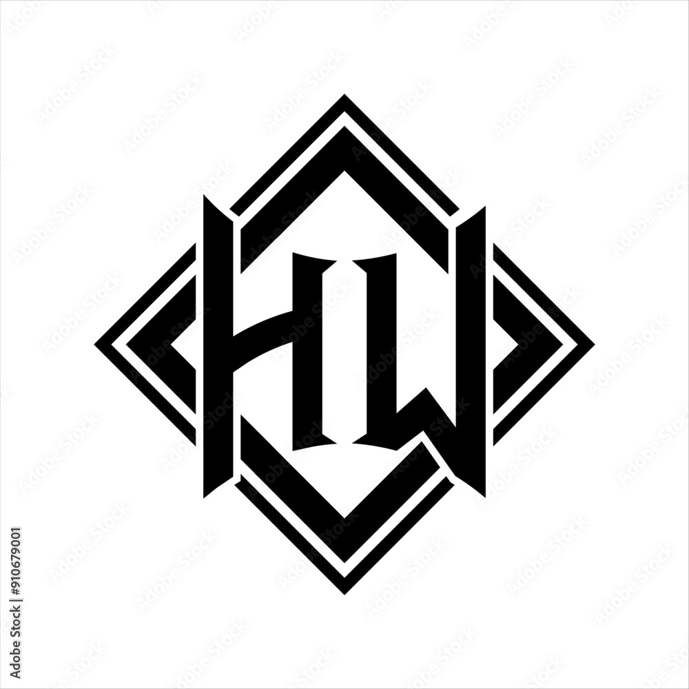HW Letter logo with abstract shield shape with square black outline on white background design HW Letter logo with abstract shield shape with square black outline on white background design