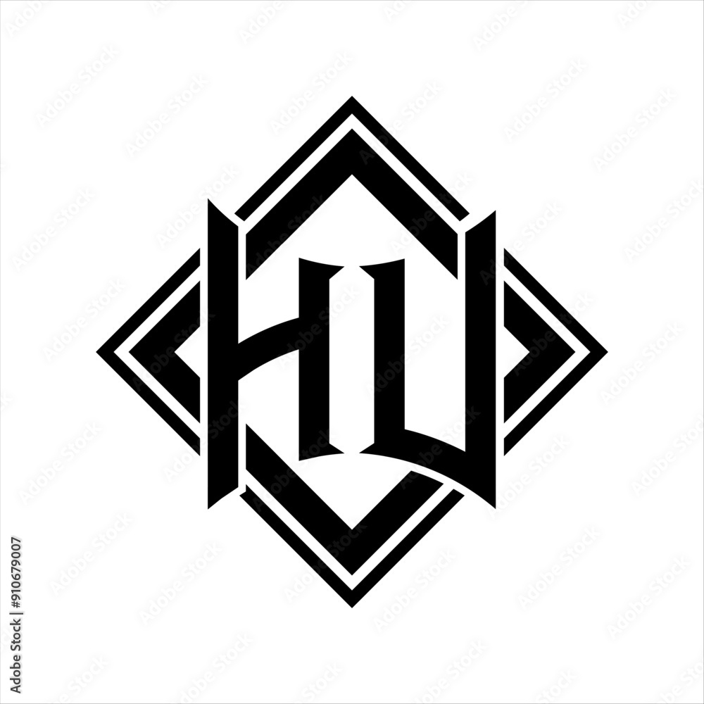 HU Letter logo with abstract shield shape with square black outline on white background design HU Letter logo with abstract shield shape with square black outline on white background design