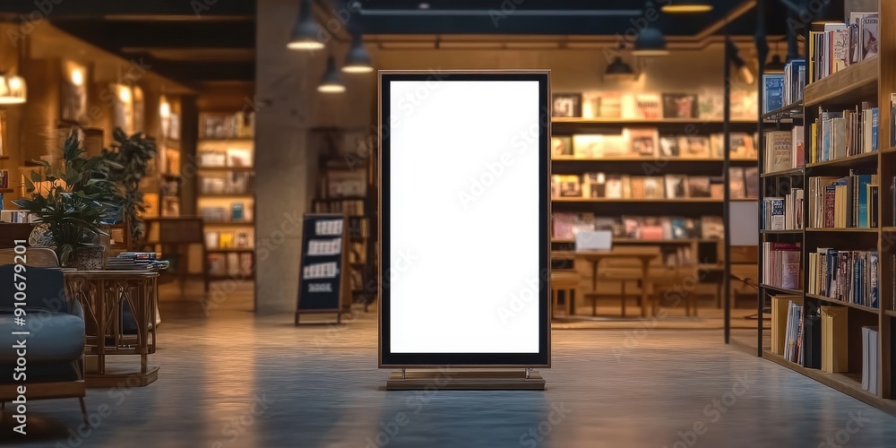 Blank Signage in a Bookstore,White blank billboard on bookstore, for advertising, mockup presentations, announcements, promotions, and digital marketing.blank sign poster in bookstore shop banner Blank Signage in a Bookstore,White blank billboard on bookstore, for advertising, mockup presentations, announcements, promotions, and digital marketing.blank sign poster in bookstore shop banner