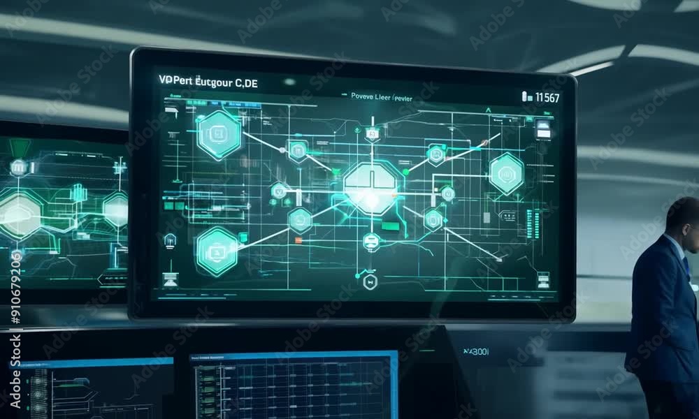 Futuristic Control Room with Man Walking Futuristic Control Room with Man Walking