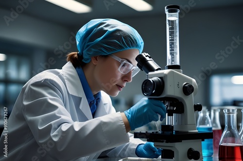 A close-up of a person doing an experiment in a laboratory. Equipment including microscope test tubes, genarative ai photo