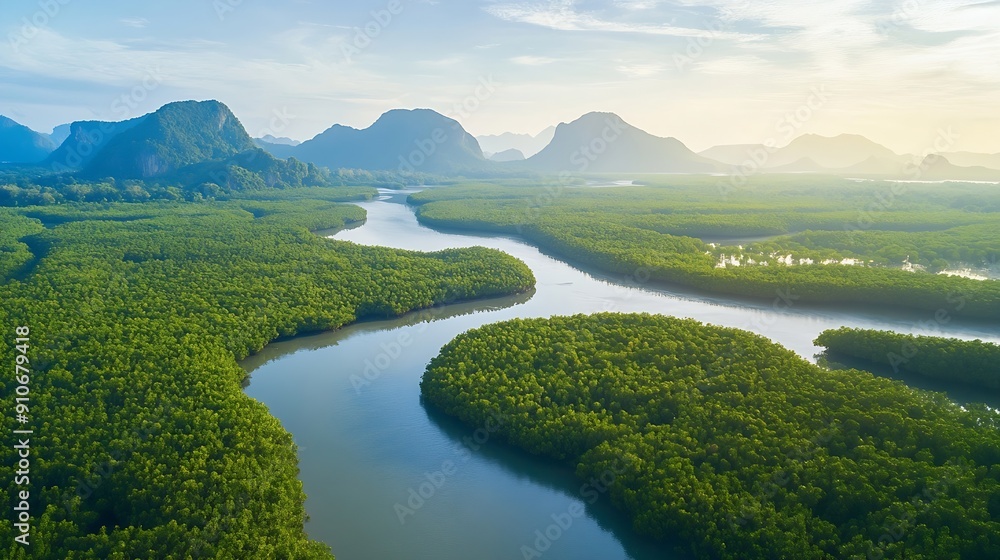 Fototapeta premium Aerial mangrove forests view at Phang Nga Thailand : Generative AI