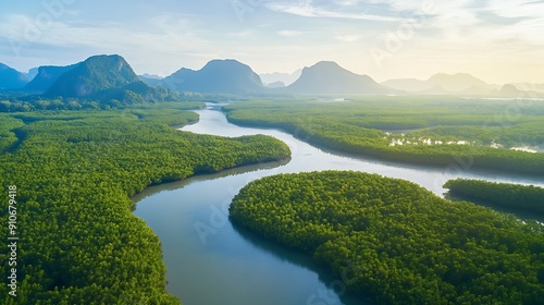 Aerial mangrove forests view at Phang Nga Thailand : Generative AI