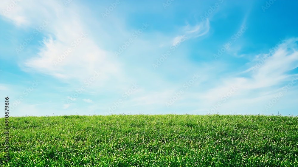 Obraz premium Landscape view of green grass field with blue skybackground : Generative AI