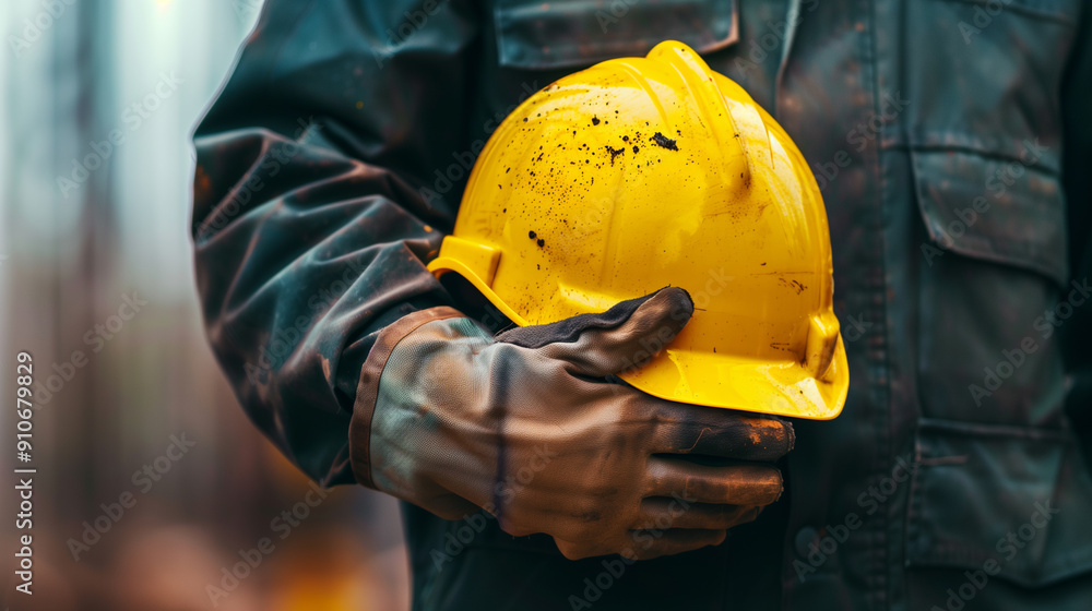 Construction Worker Holding Yellow Hard Hat Construction Worker Holding Yellow Hard Hat