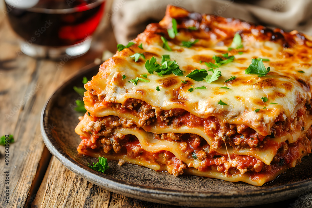 Perfectly baked lasagna with meat sauce, ricotta, and mozzarella, served on a rustic dining table Perfectly baked lasagna with meat sauce, ricotta, and mozzarella, served on a rustic dining table
