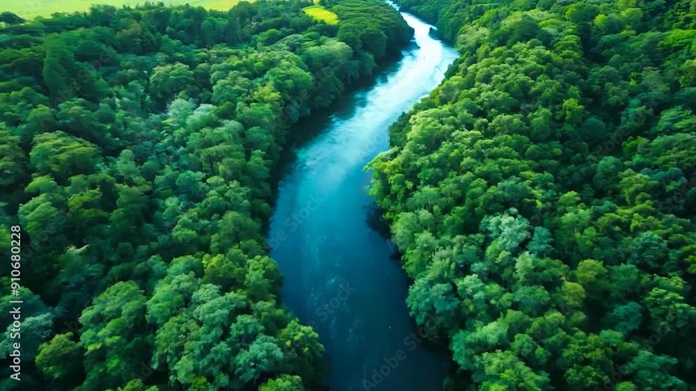 Aerial view of winding river through dense forest Aerial view of winding river through dense forest