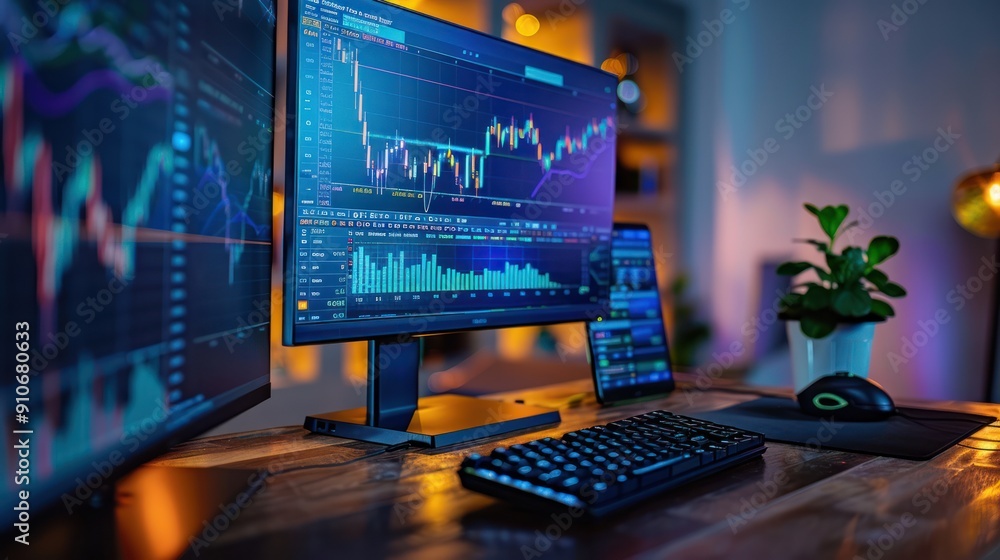 Digital Trading: Stock Market Exchange Graphs on PC Screen - Financial Technology for Online Investment with Data Analytics, Cryptocurrency Analysis, and Forecasting Background Digital Trading: Stock Market Exchange Graphs on PC Screen - Financial Technology for Online Investment with Data Analytics, Cryptocurrency Analysis, and Forecasting Background