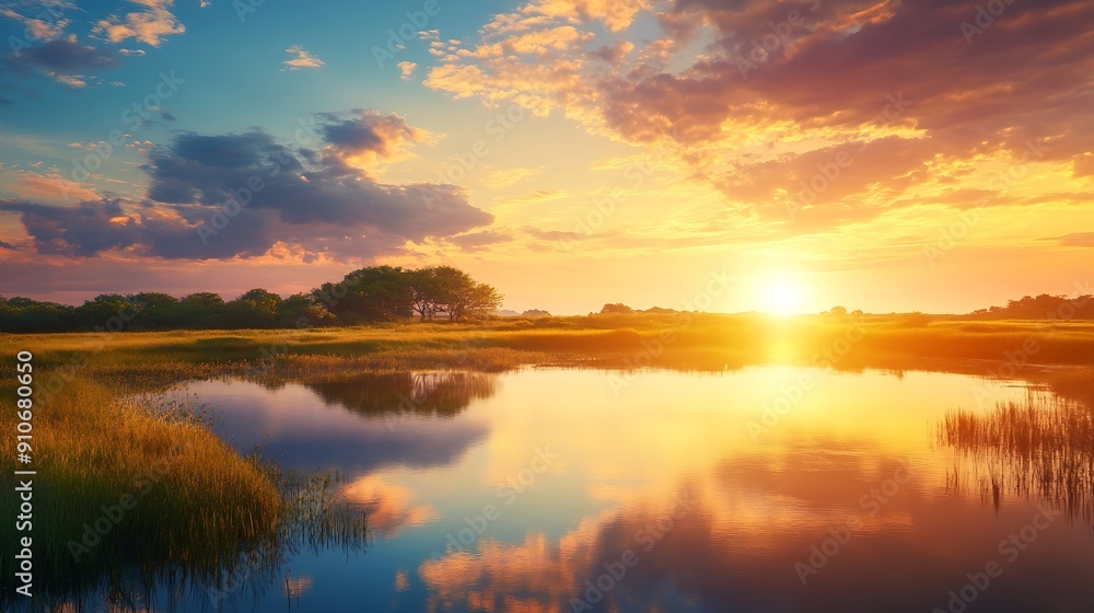 Spectacular sunrise over a scenic landscape with colorful clouds trees grasslands and water reflecting the golden sunlight : Generative AI Spectacular sunrise over a scenic landscape with colorful clouds trees grasslands and water reflecting the golden sunlight : Generative AI