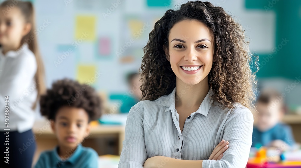 Portrait of a Beautiful Happy Young Teacher Standing in Classroom with Crossed Arms Looking at Camera and Smiling Multiethnic Female Working in Elementary School Taking Care of Talente : Generative AI Portrait of a Beautiful Happy Young Teacher Standing in Classroom with Crossed Arms Looking at Camera and Smiling Multiethnic Female Working in Elementary School Taking Care of Talente : Generative AI