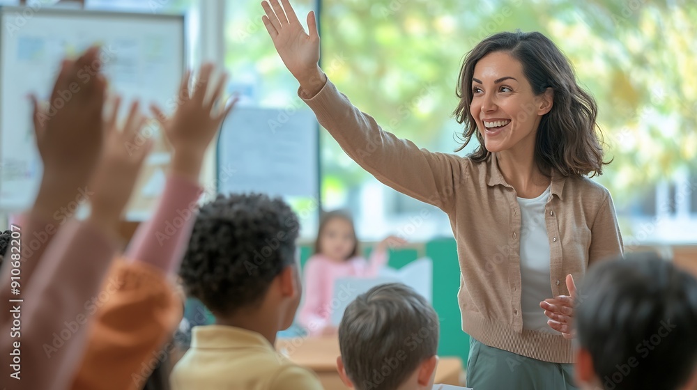 Fototapeta premium Enthusiastic Female Teacher Walking Between Rows Checking Test Assignment Results High Fiving with an Adorable Smart Boy Class of Multiethnic Children Listening to a Lecture and Writin : Generative AI