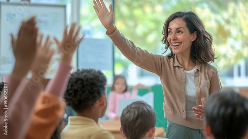 Enthusiastic Female Teacher Walking Between Rows Checking Test Assignment Results High Fiving with an Adorable Smart Boy Class of Multiethnic Children Listening to a Lecture and Writin : Generative AI