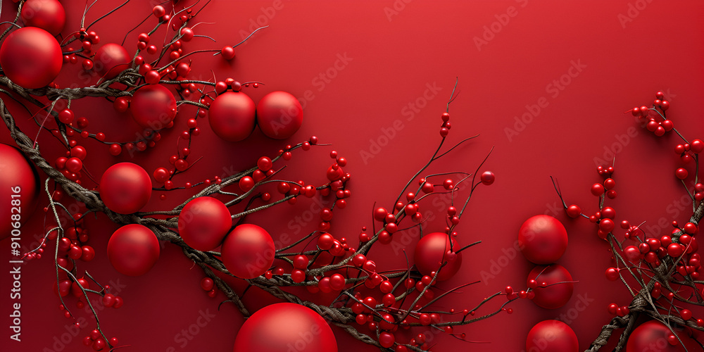 Obraz premium Red Christmas Ornaments and Berries on Red Background