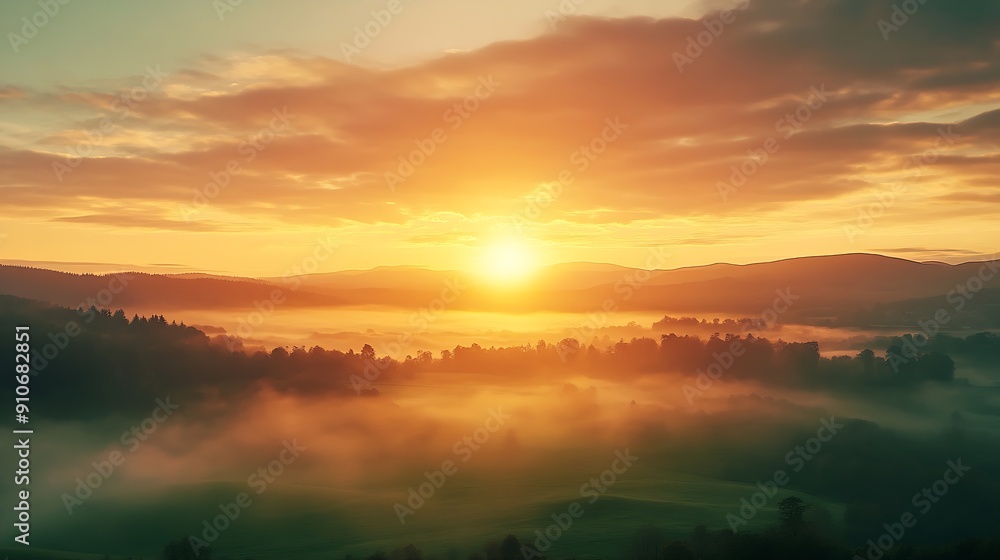 Obraz premium Beautiful sunset sky over green misty landscape hills : Generative AI