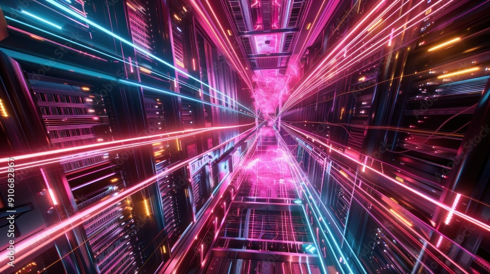Neon Lights Tunnel of Data Center Neon Lights Tunnel of Data Center