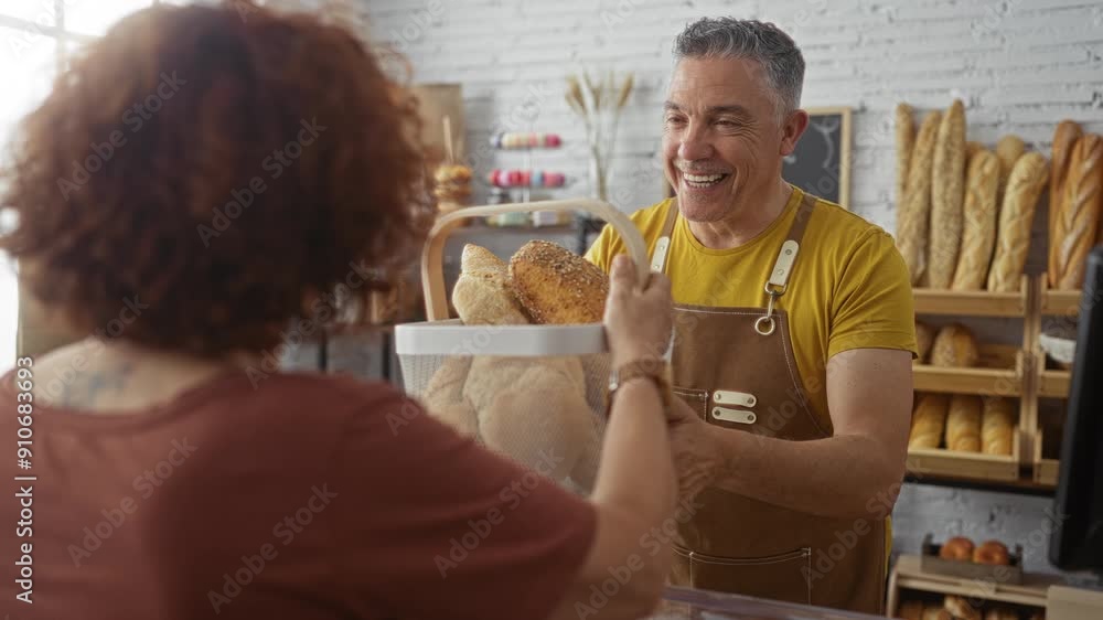 Smiling baker presenting bread basket to woman in modern bakery with shelves of baked goods in background Smiling baker presenting bread basket to woman in modern bakery with shelves of baked goods in background