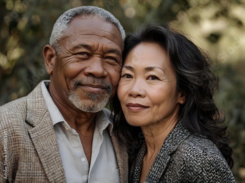 Portrait of a couple of black man from Africa and white woman from Asia, individuals of different races