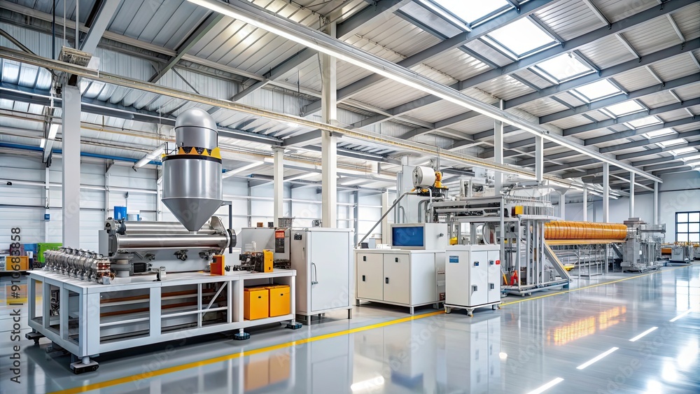 Fototapeta premium Plastic factory with extrusion machine, manufacturing, production, industry, technology, machinery, equipment