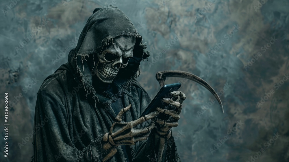Fototapeta premium scary grim reaper holding a scythe and a mobile phone in his hands with a background of darkness