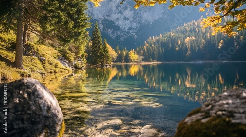 Sunny autumn alpine view Peaceful mountain forest lake with clear transparent water and reflections Spiegelsee or Mittersee or Mirror Lake Reiteralm Steiermark Austria : Generative AI photo