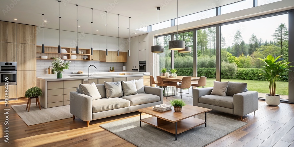 Modern minimalist home interior features clean lines, sleek furniture, and neutral tones in an open-concept living space and kitchen, bathed in soft natural light. Modern minimalist home interior features clean lines, sleek furniture, and neutral tones in an open-concept living space and kitchen, bathed in soft natural light.