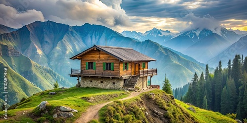 Beautiful little cottage perched on a mountain in Arang Kel, Kashmir , Arang Kel, Kashmir, village, mountain, cottage photo