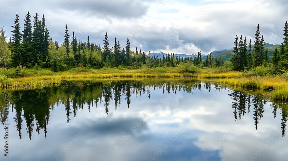 Fototapeta premium Mirror lake near anchorage in alaska : Generative AI